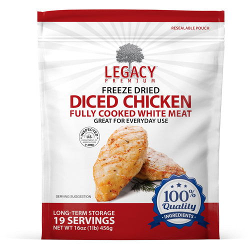 Package of 100% USDA freeze dried chicken dices in resealable Mylar pouch