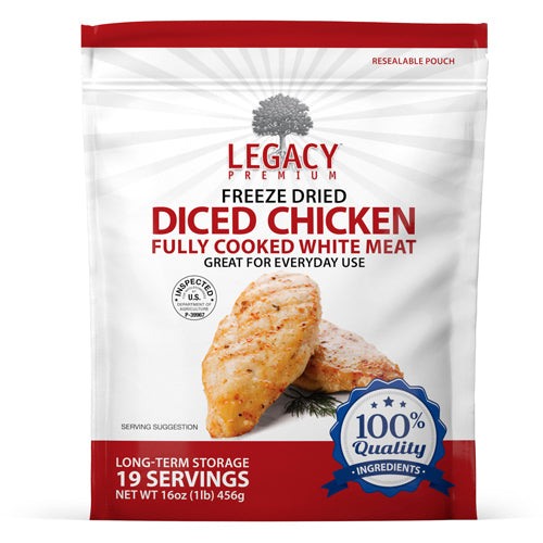 Package of 100% USDA freeze dried chicken dices for emergency food storage with 22g protein per serving