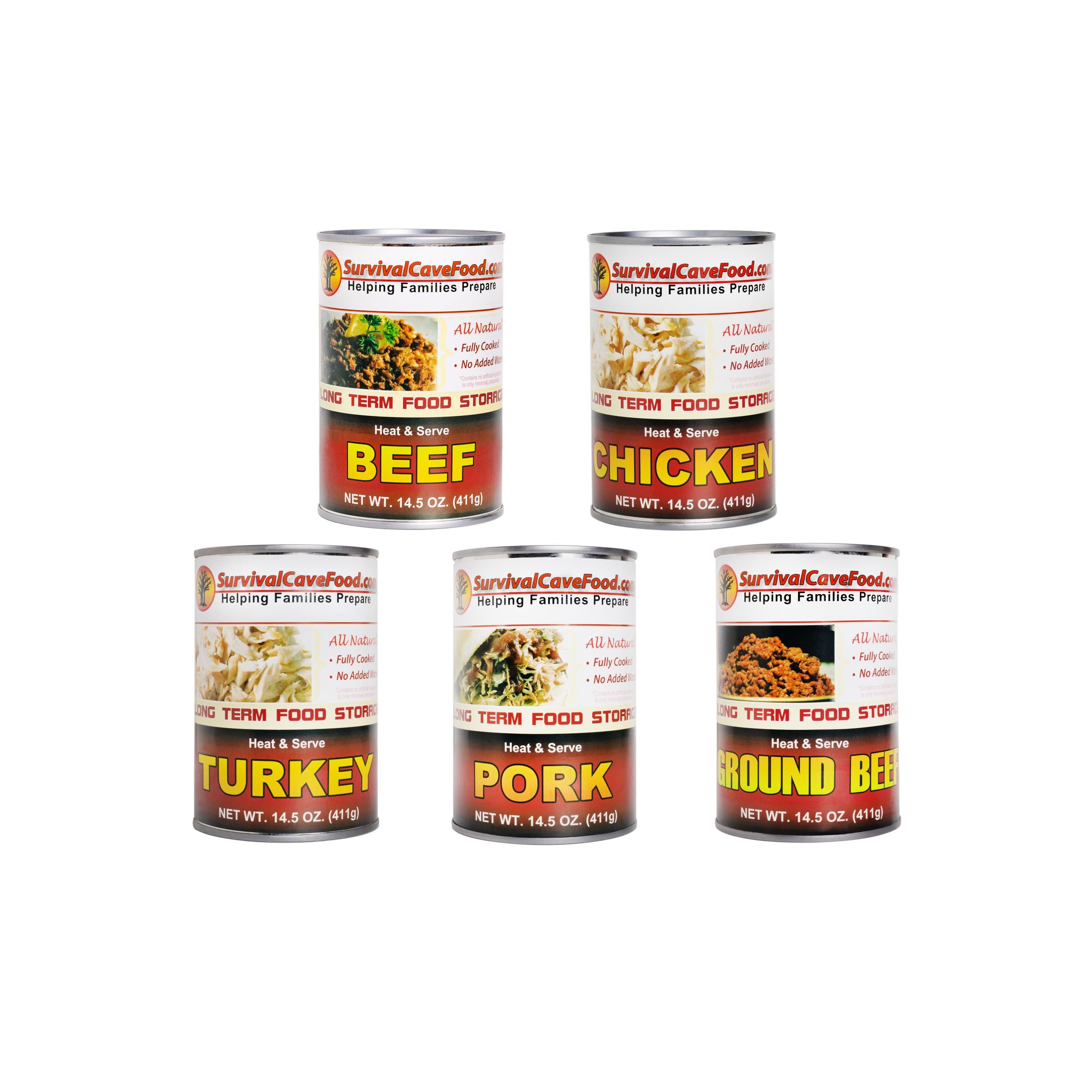 Survival Cave Mixed 12 – 14.5 oz Cans – 3 Beef, 3 Chicken, 3 Turkey, 3 Pork – Ready to Eat Canned Meat