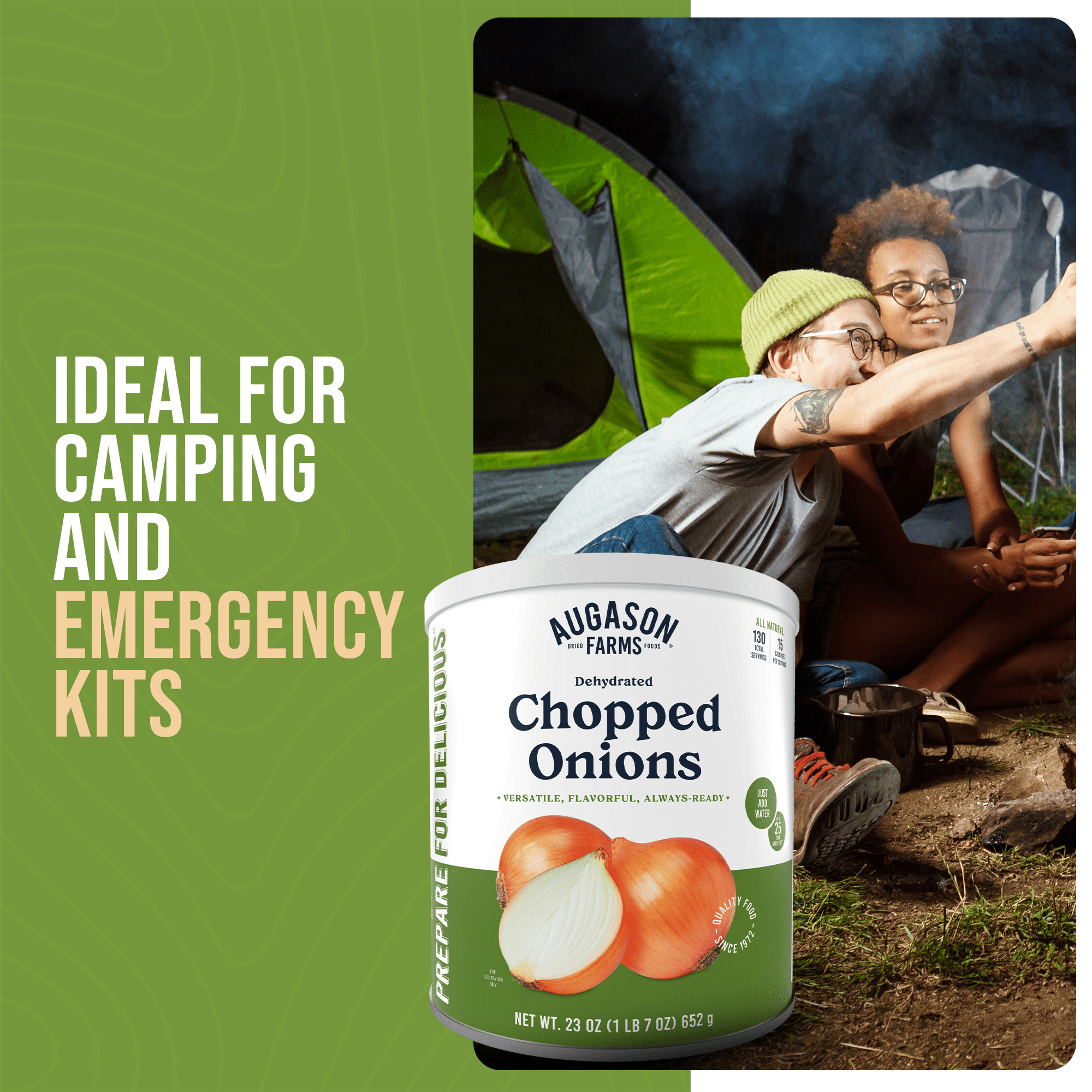 Can of Augason Farms Dehydrated Chopped Onions for 130 servings, shelf-stable and pre-chopped