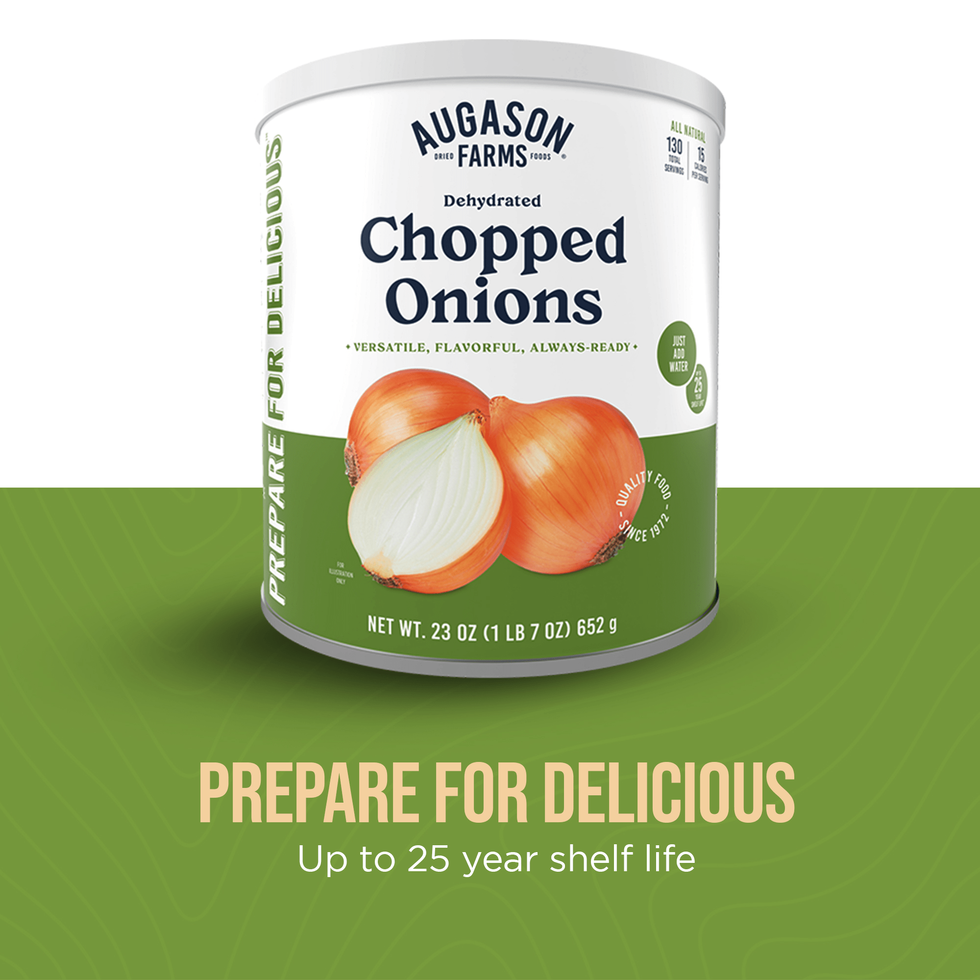 Can of Augason Farms dehydrated chopped onions for cooking and long-term storage