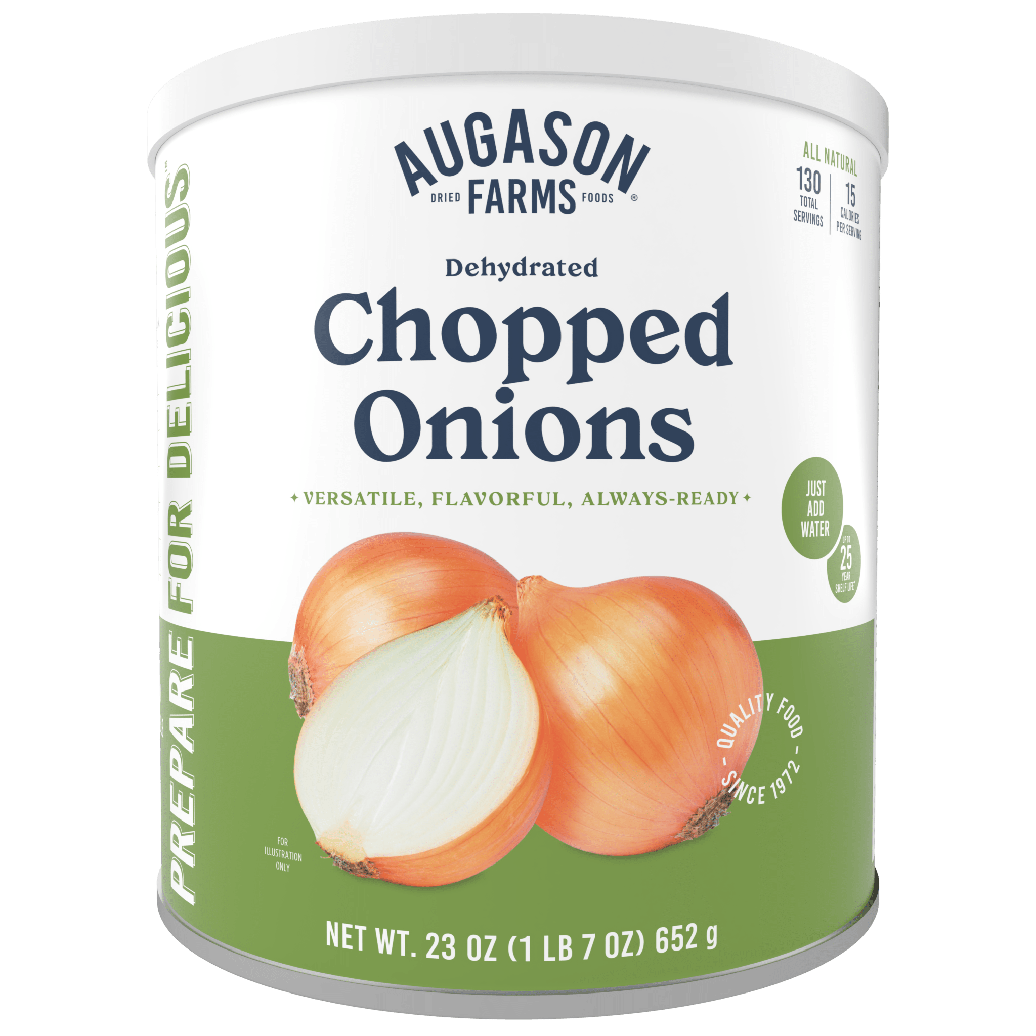 Can of Augason Farms dehydrated chopped onions for 130 servings, pre-chopped and shelf-stable for easy cooking and long-term storage