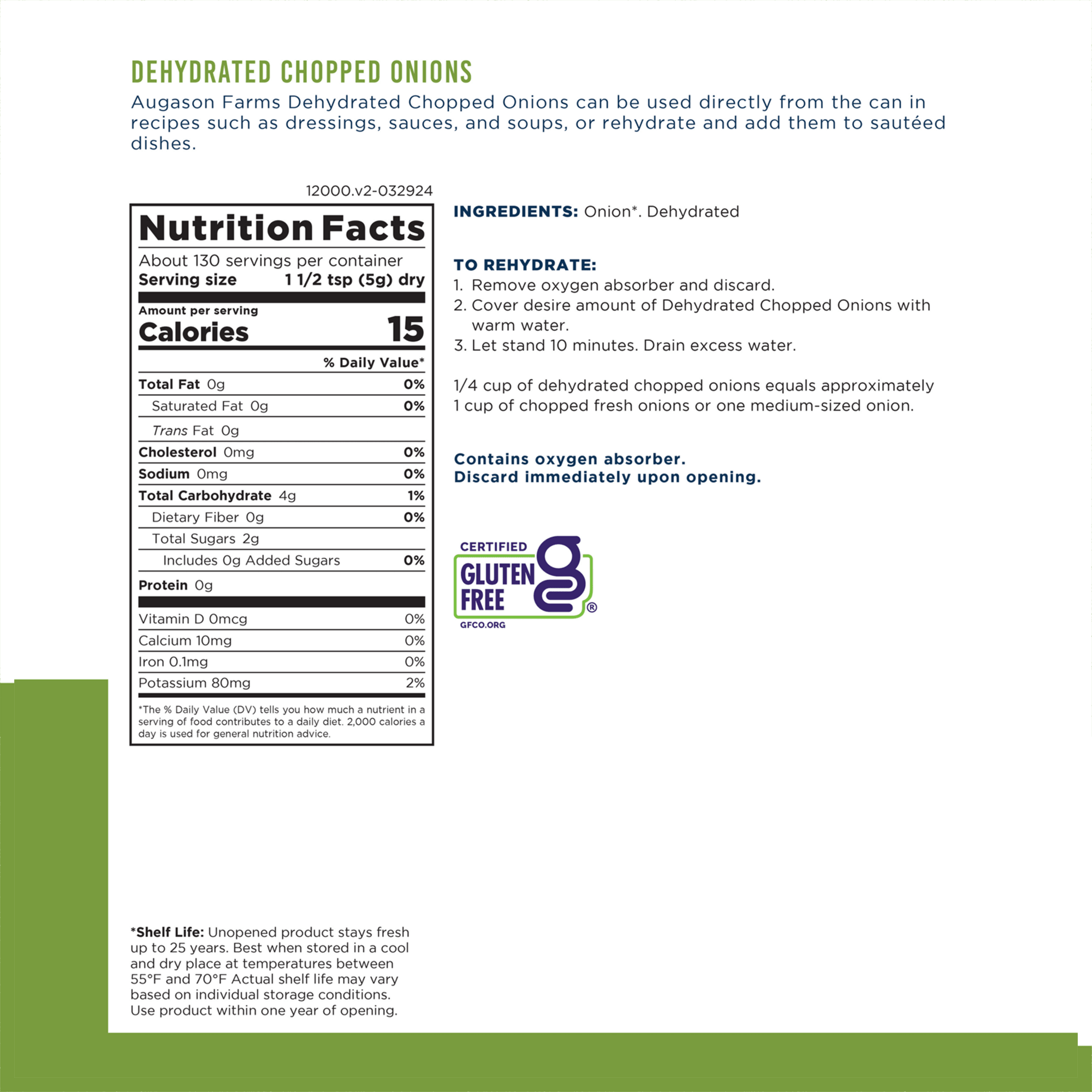 Can of Augason Farms Dehydrated Chopped Onions with 130 servings for convenient cooking and long shelf life