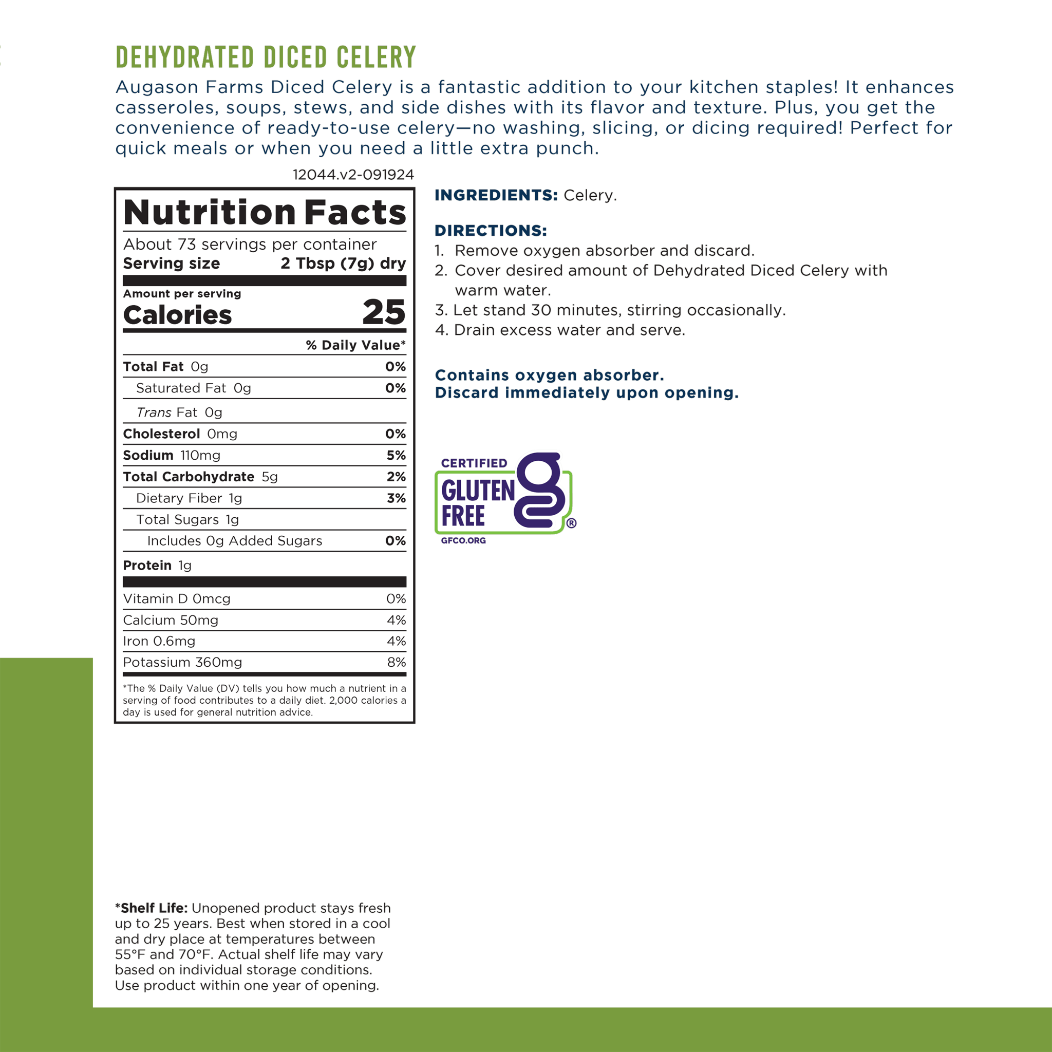 Dehydrated Cross Cut Celery Can, 73 Servings