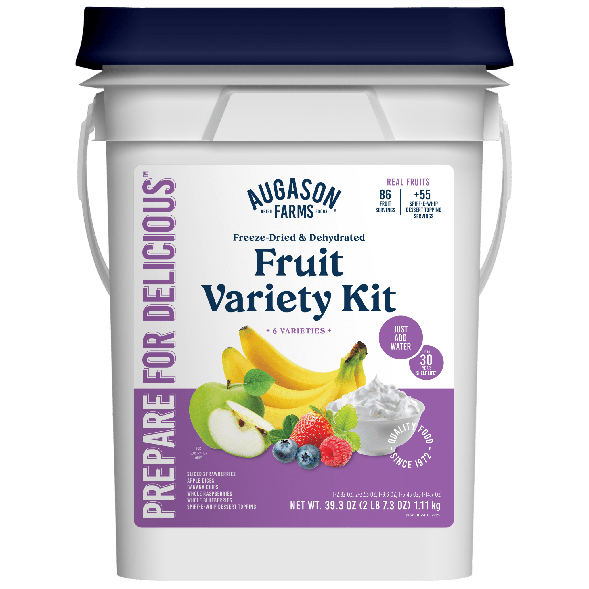 Dehydrated and freeze dried fruit variety pail with 86 servings and dessert topping