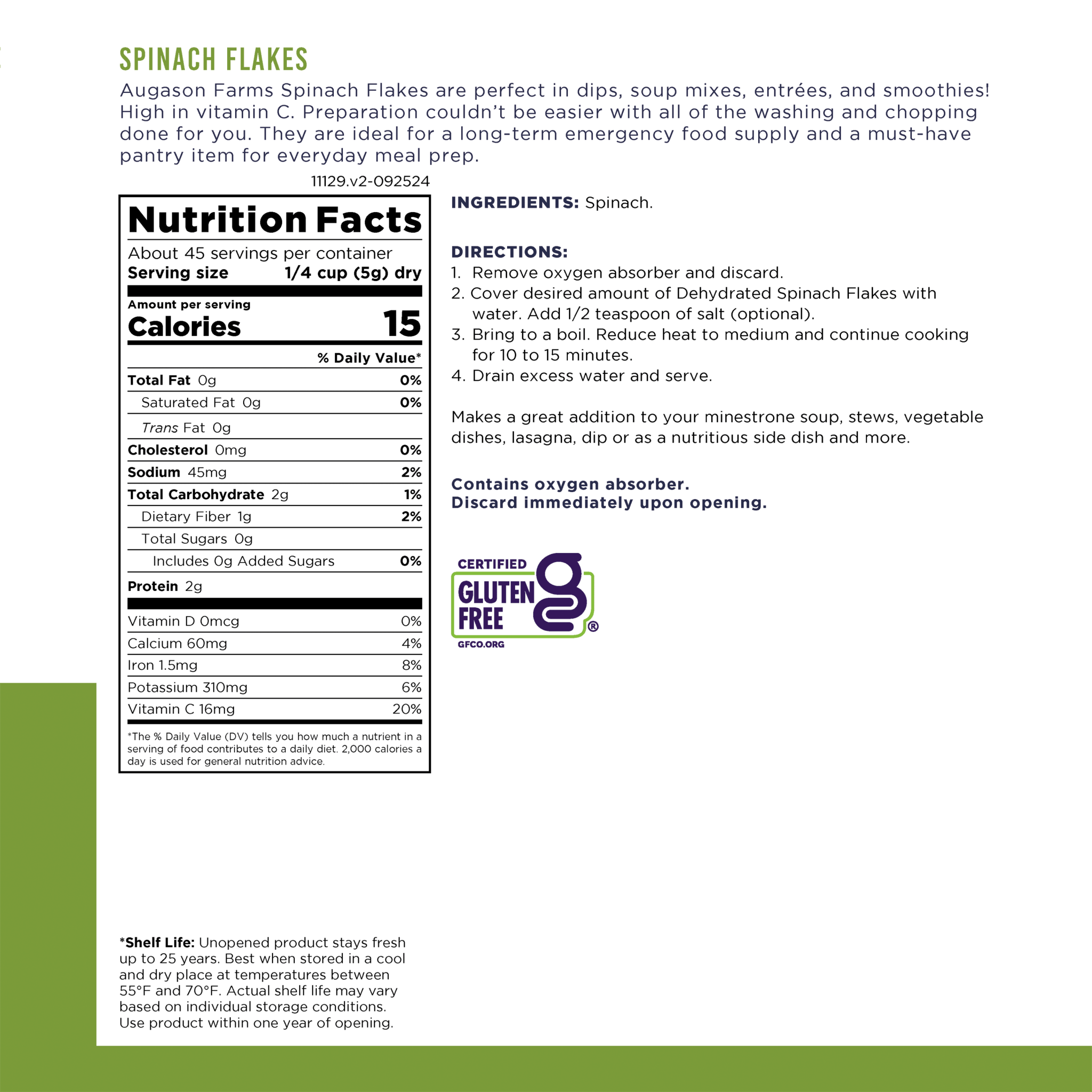 Dehydrated Spinach Flakes Can, 45 Servings