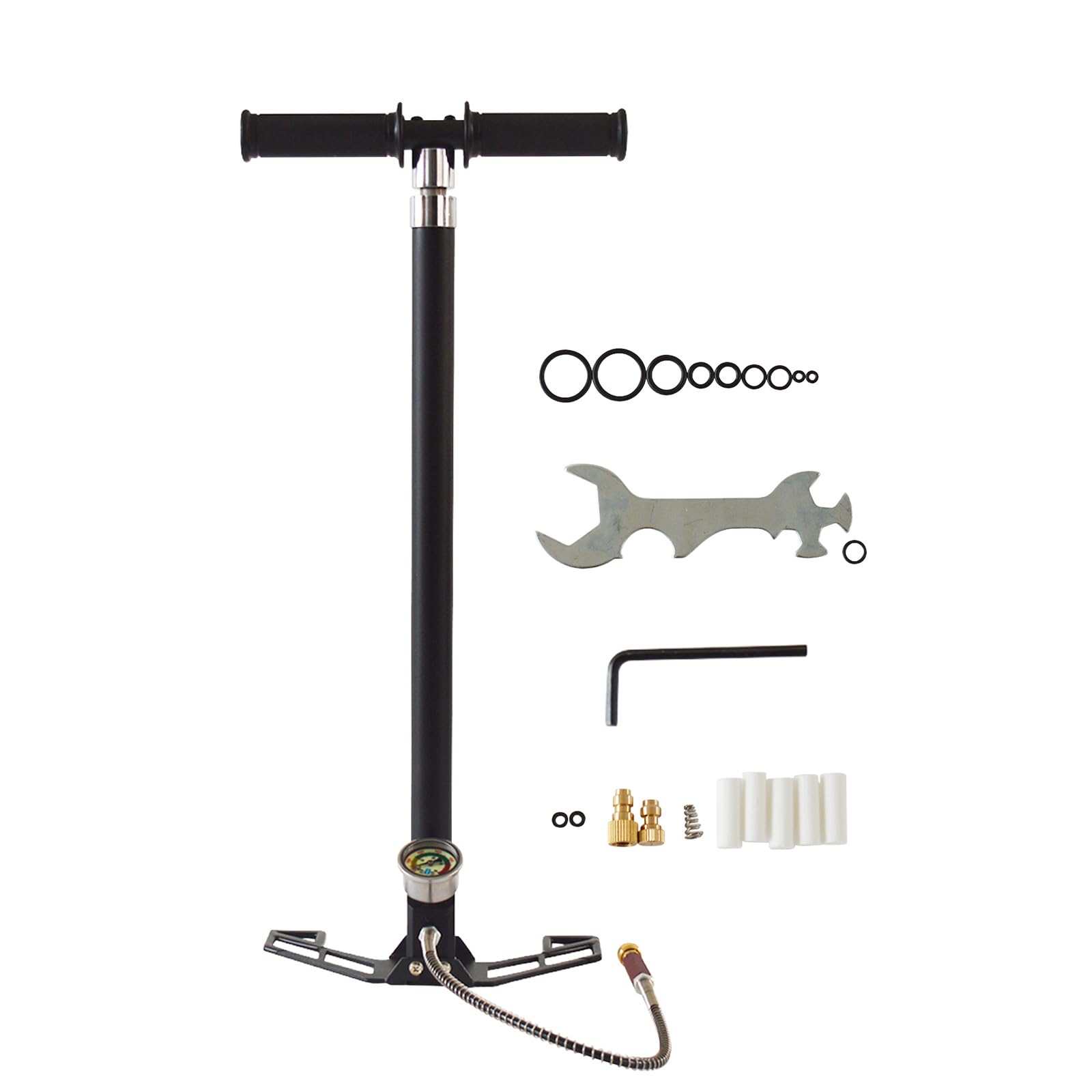 PreAsion 5800Psi high pressure hand pump with stainless steel pipe, folding pedal, accurate barometer, and 8mm quick connector for bike tire inflation