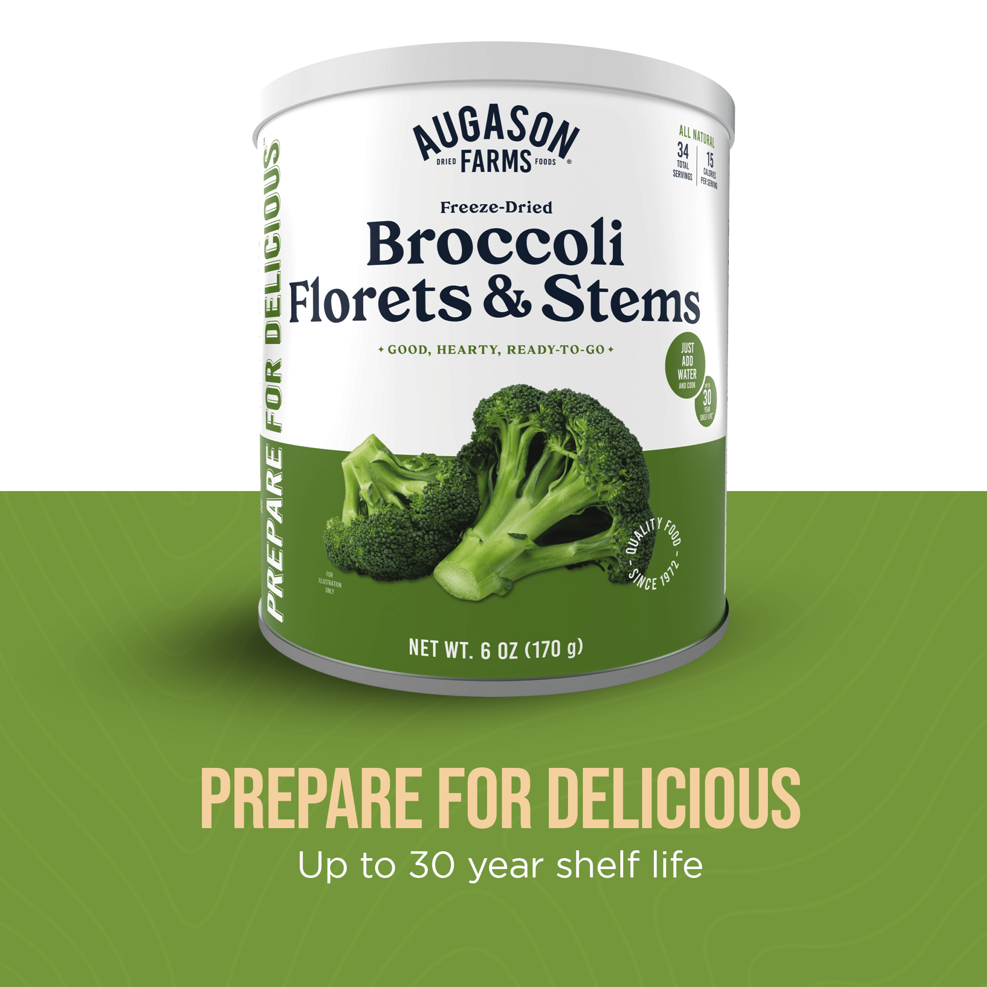 Augason Farms freeze dried broccoli florets and stems can for long term storage and cooking