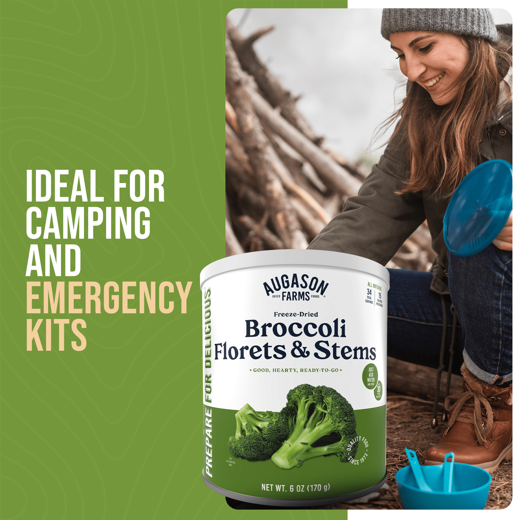 Can of Augason Farms freeze dried broccoli florets and stems with 34 servings for emergency food storage