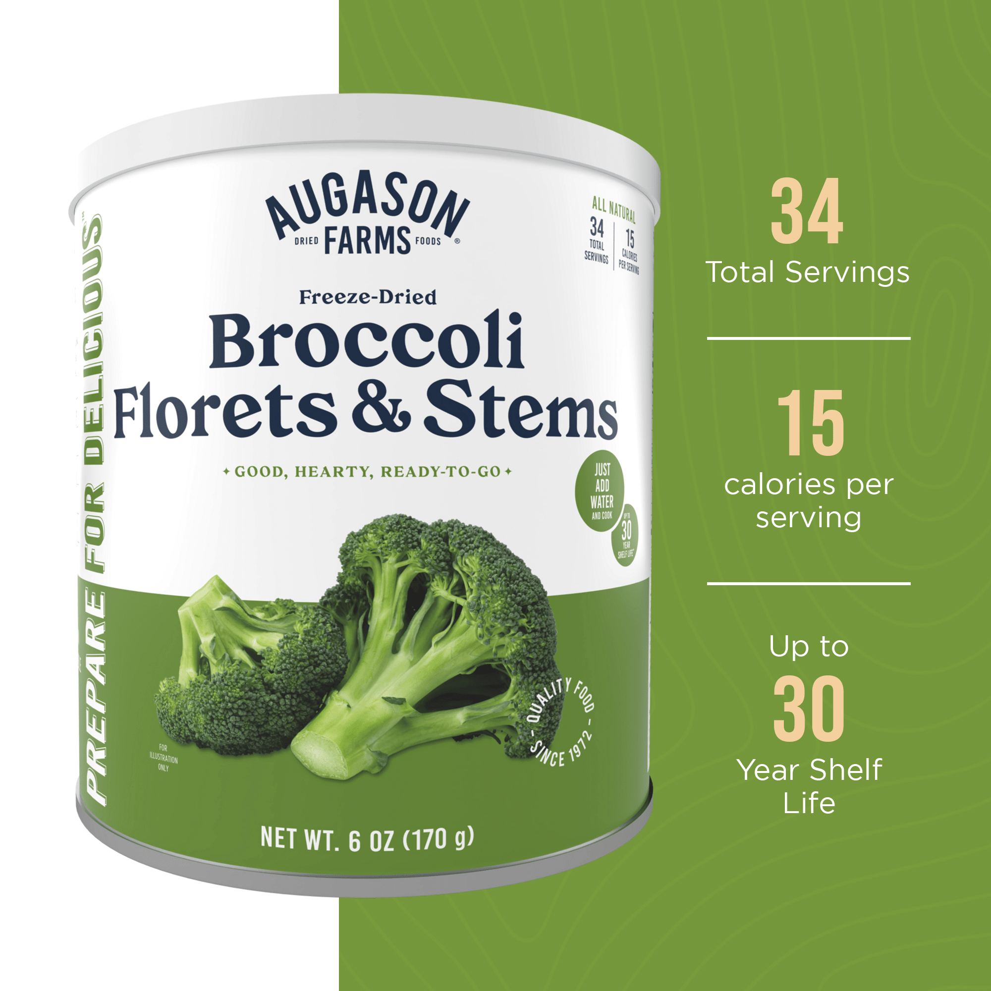 Can of Augason Farms freeze dried broccoli florets and stems for cooking and emergency food storage
