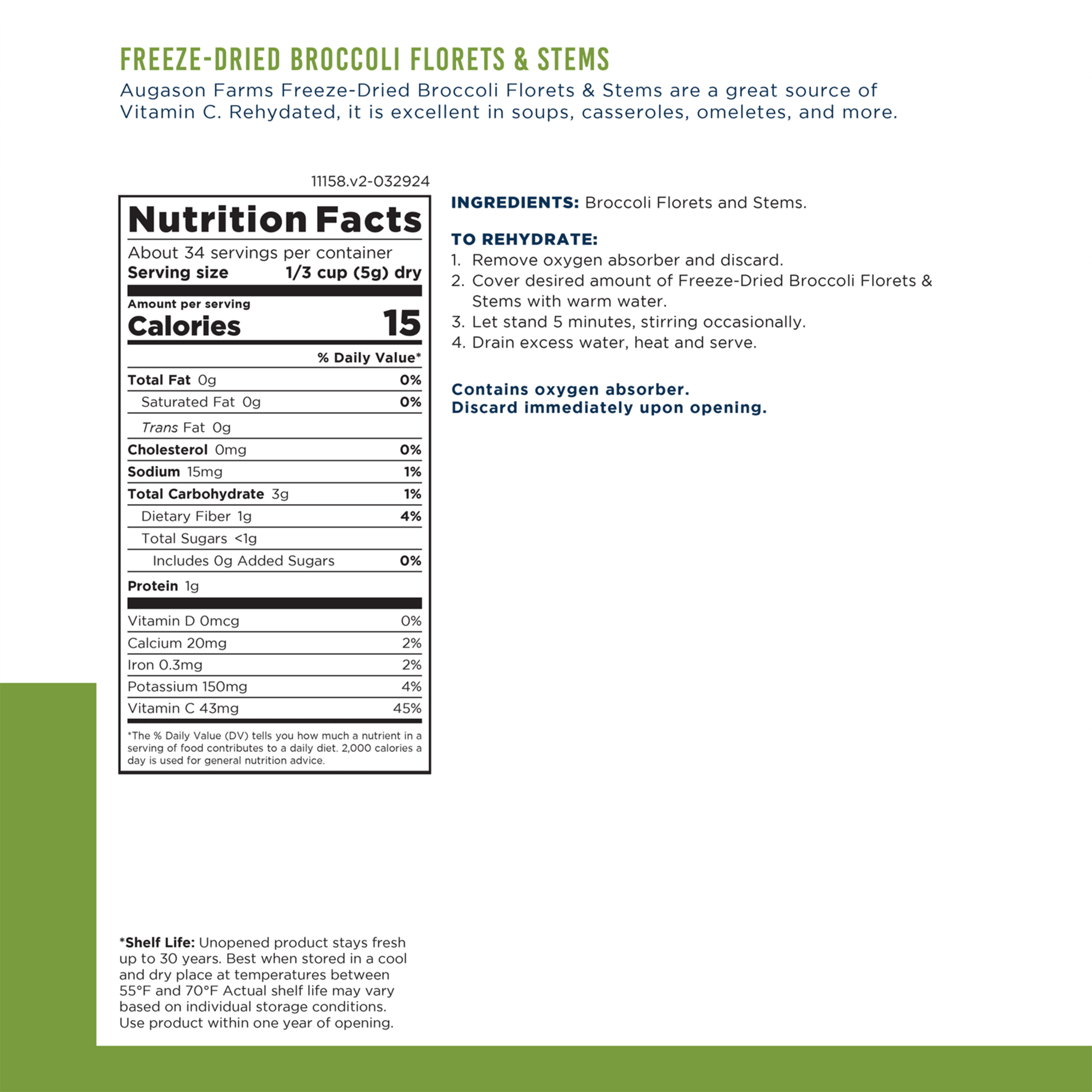 Augason Farms freeze dried broccoli florets and stems can with 34 servings for cooking and emergency food storage