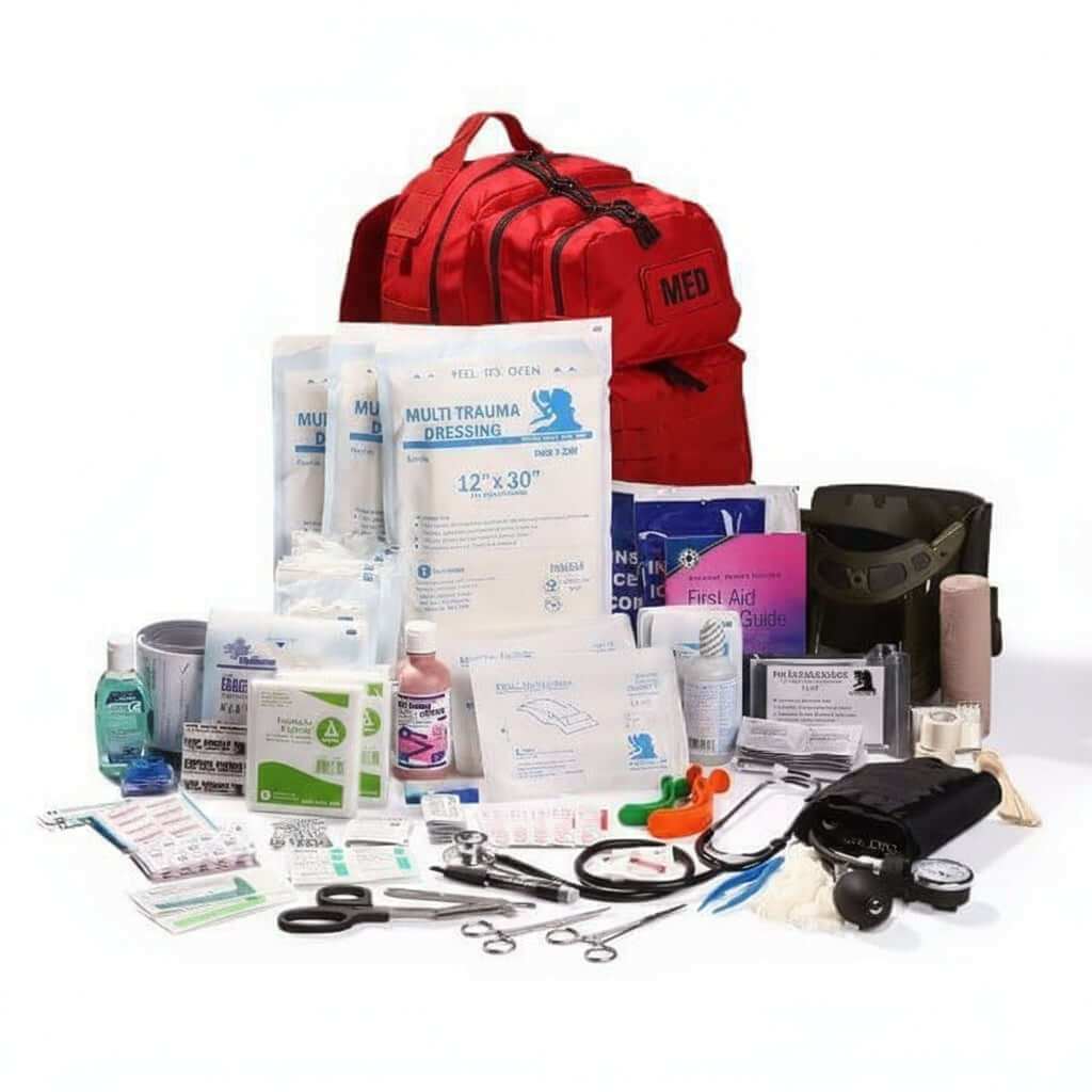 General Purpose First Aid Backpack with 70 professional emergency supplies in a weather-resistant MOLLE pack for quick access in field and vehicle use