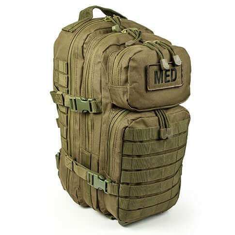 General Purpose First Aid Backpack with 70 professional emergency supplies and organized compartments in a weather-resistant MOLLE design