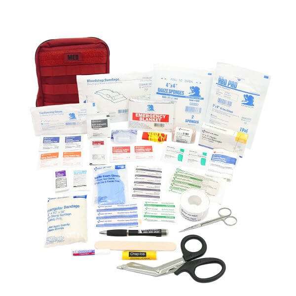 Compact first aid kit with pressure dressing and burn care in MOLLE-compatible pouch for vehicle and outdoor emergencies