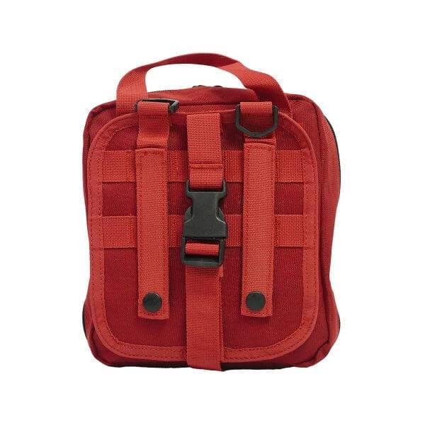 Compact first aid kit with pressure dressing, burn care, and MOLLE pouch for vehicle and outdoor emergency use