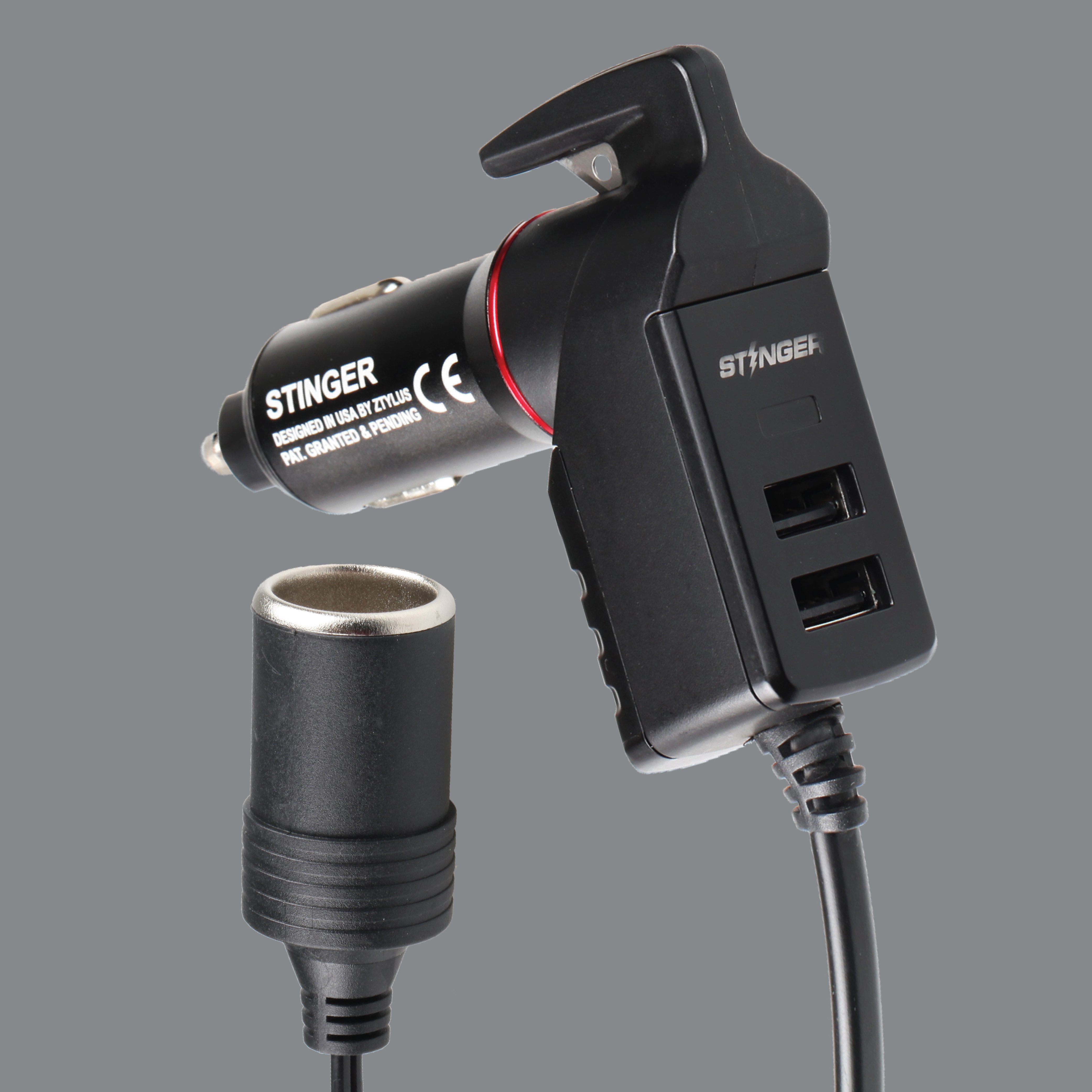Stinger USB car charger emergency tool with single cigarette lighter connection and safety features
