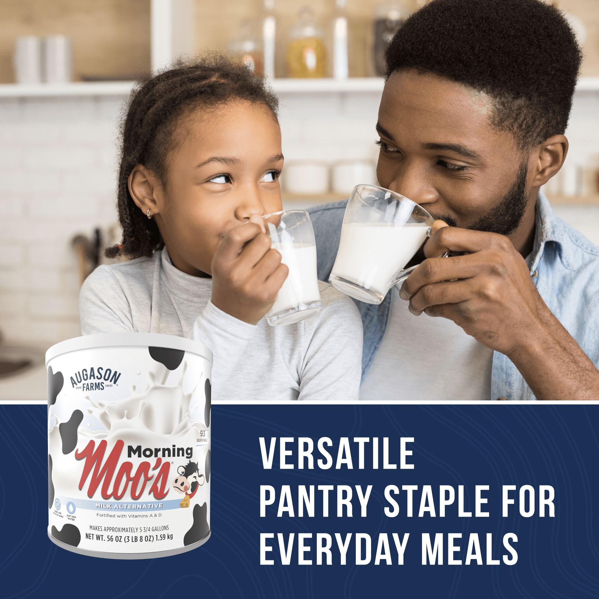 Augason Farms Morning Moo's Milk Alternative can with 93 servings, creamy whey-based milk substitute fortified with vitamins A and D, shelf-stable for emergency food storage