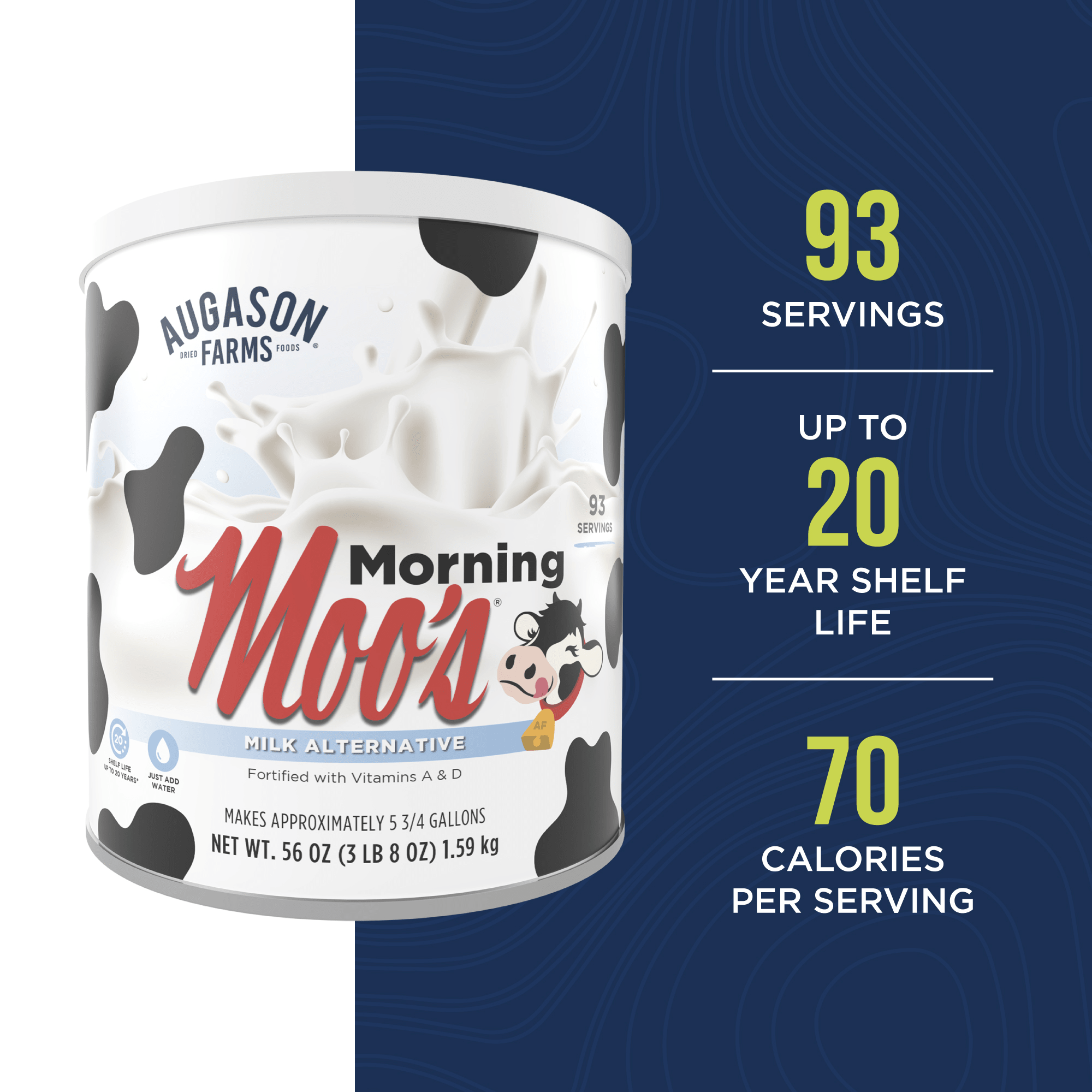 Augason Farms Morning Moo's Milk Alternative can with 93 servings, creamy whey-based milk substitute fortified with vitamins A and D