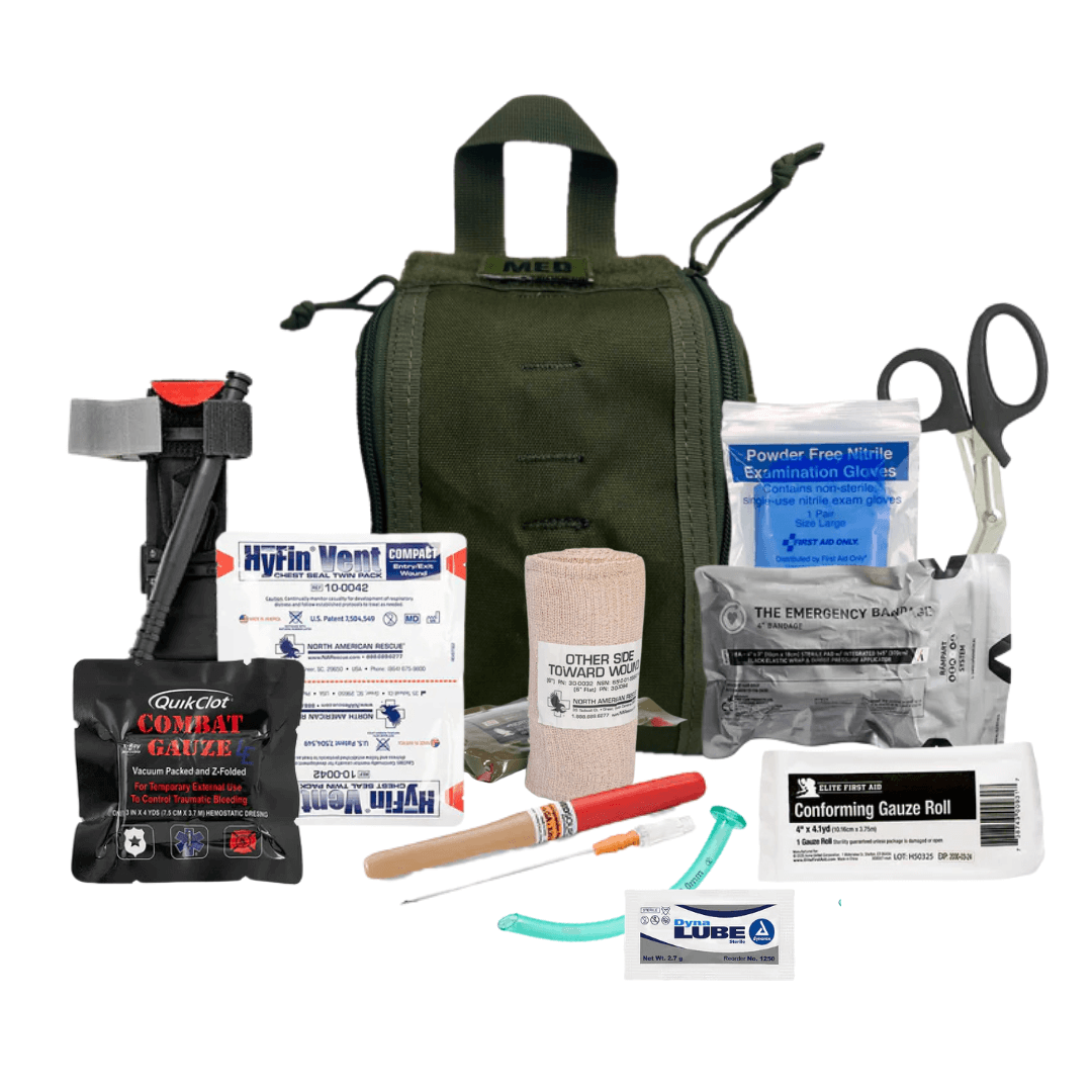 Compact trauma kit with CAT tourniquet and bleeding control tools for law enforcement and first responders