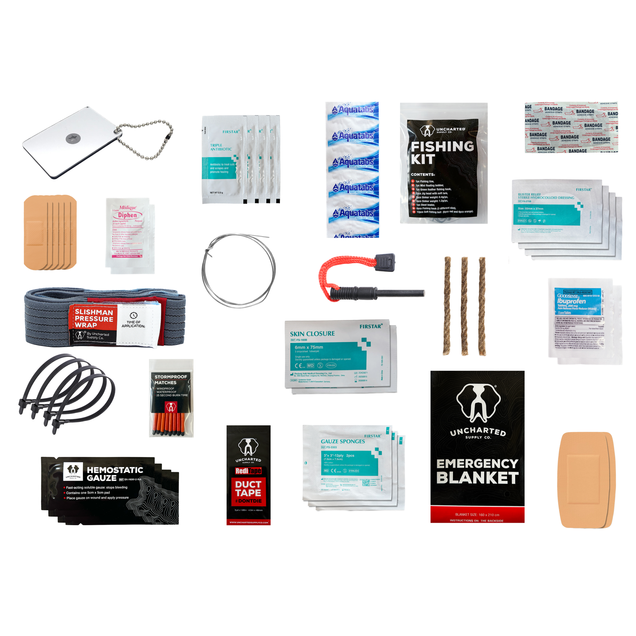 Compact Possibles Pouch emergency survival kit with medical supplies and fire-starting tools