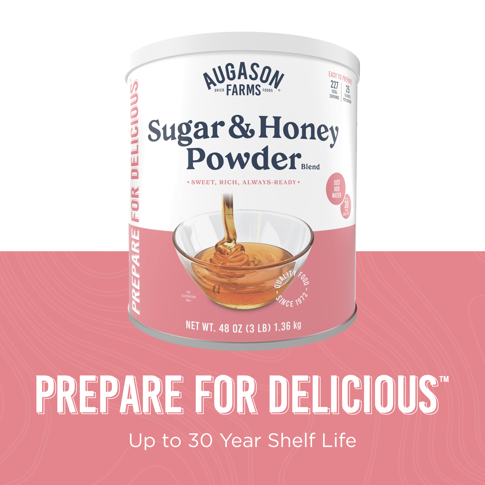 Augason Farm sugar & honey powder blend can with 227 servings and natural honey content