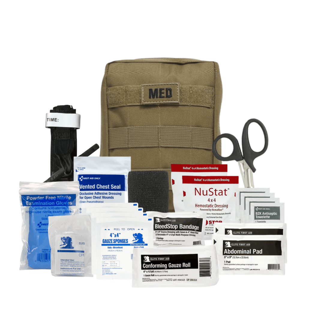Tactical IFAK pouch with hemorrhage control supplies including tourniquet, hemostatic gauze, and vented chest seal