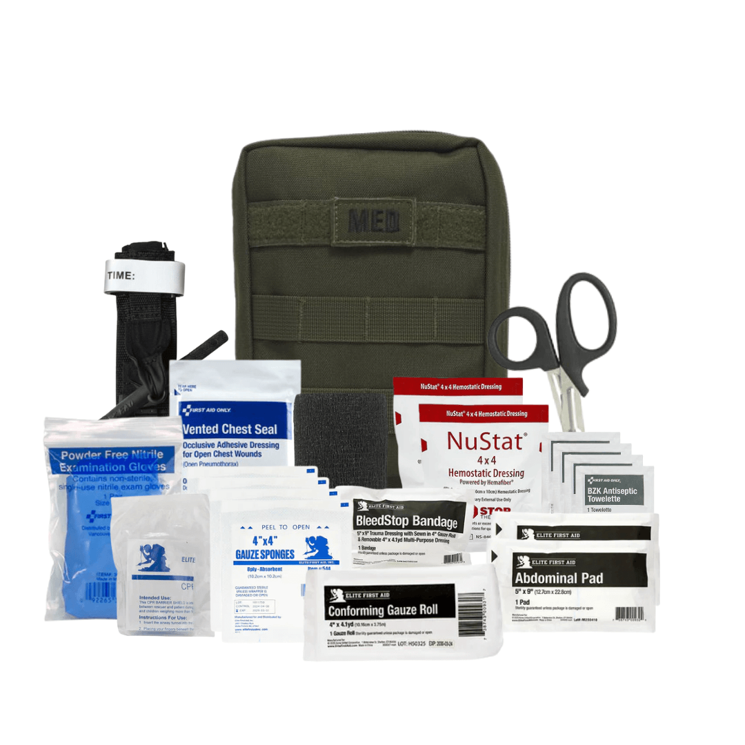 Compact Tactical IFAK with hemorrhage control supplies including tourniquet, hemostatic gauze, and chest seal in a durable pouch