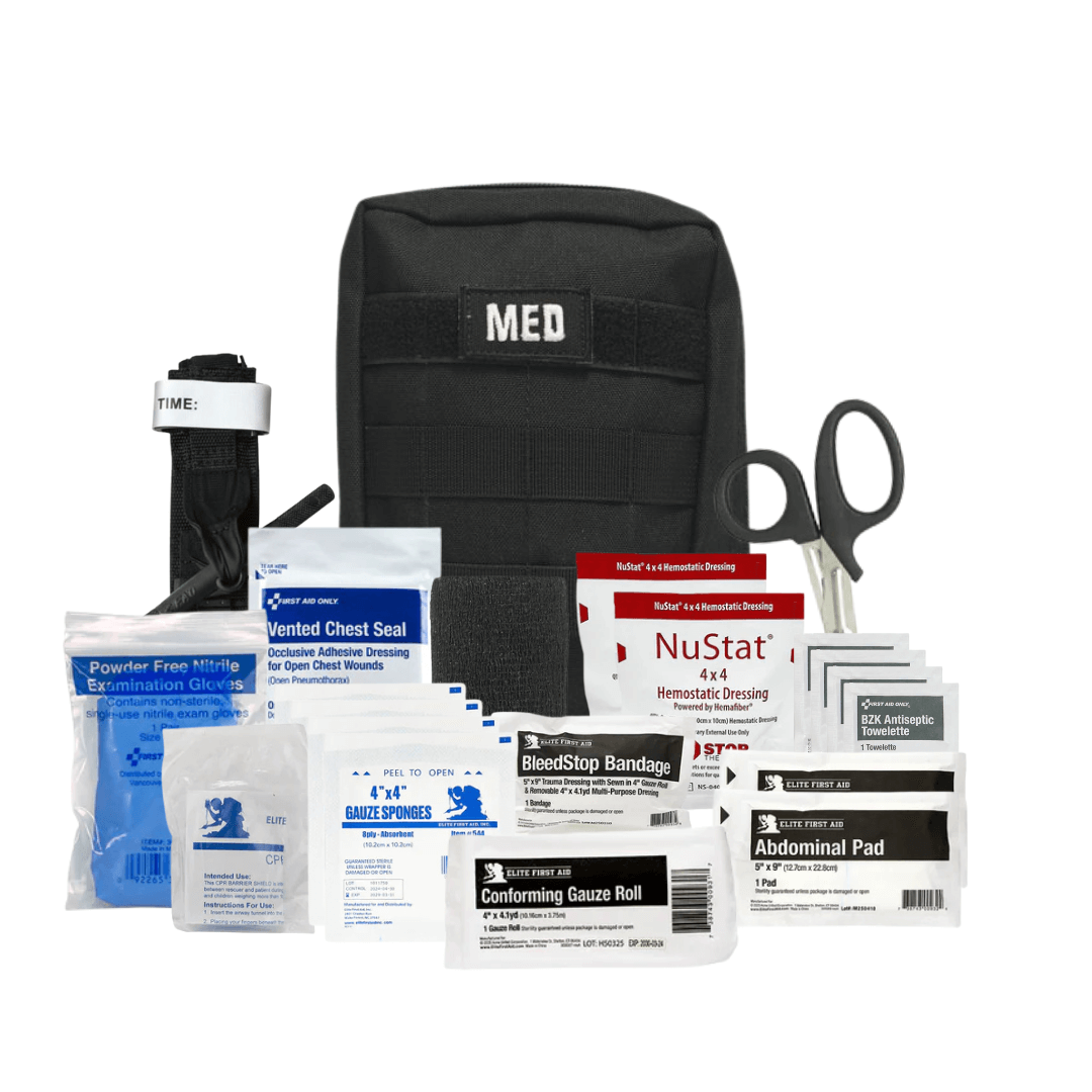 Compact Tactical IFAK with hemorrhage control supplies including tourniquet and chest seal