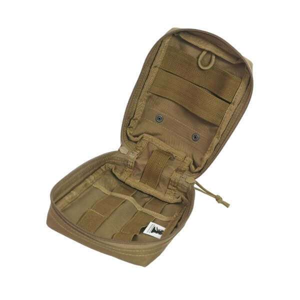 Tactical IFAK compact first aid kit with hemorrhage control supplies including tourniquet and chest seal in rugged pouch
