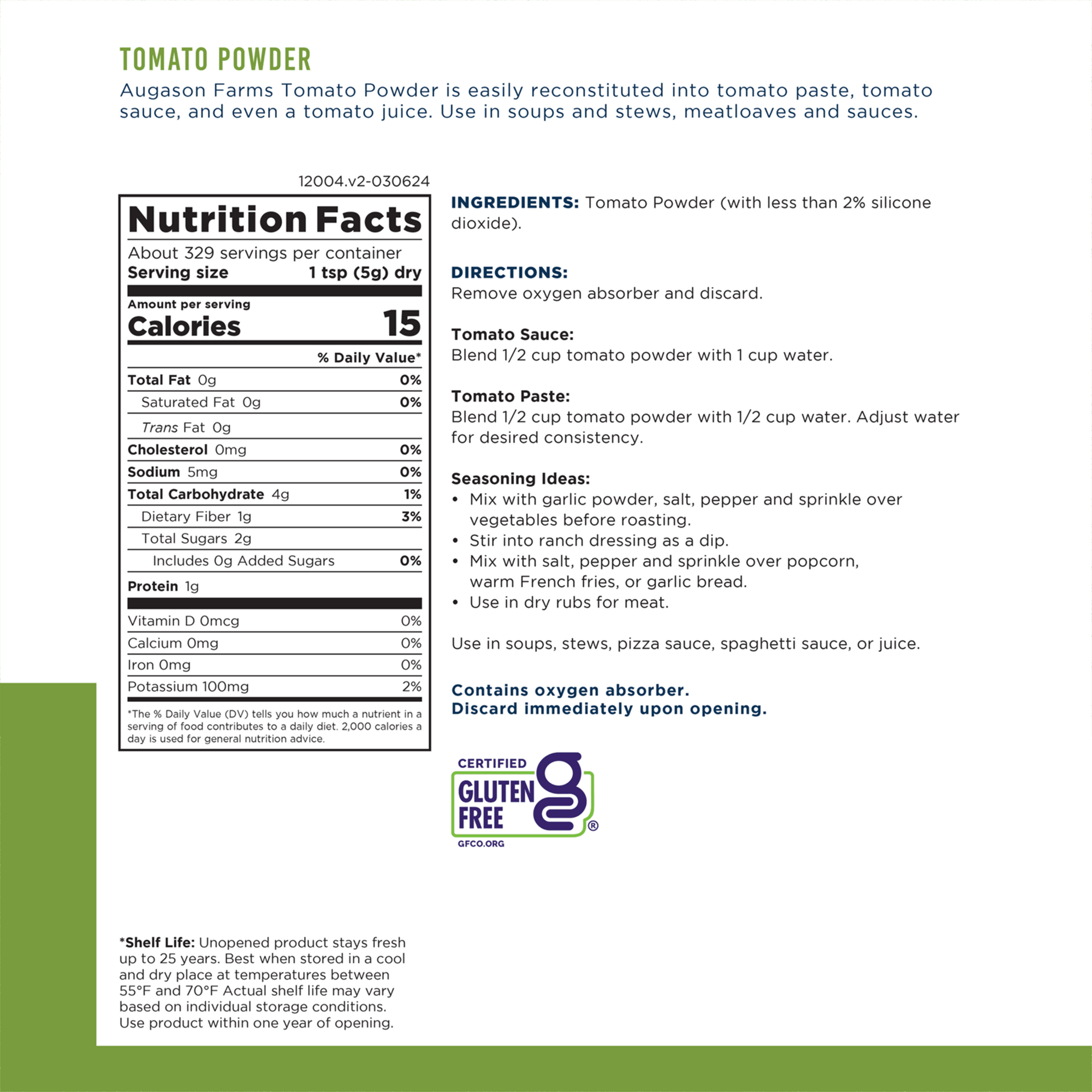 Augason Farms Tomato Powder Can with 329 servings for cooking and emergency food storage