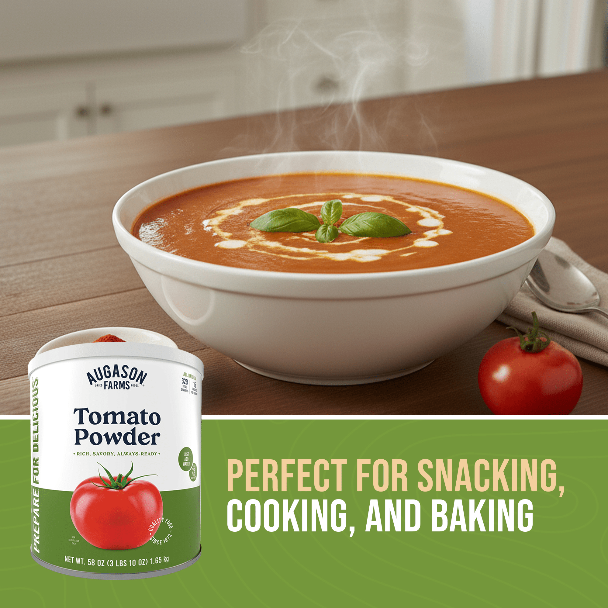 Can of Augason Farms Tomato Powder with label showing 329 servings