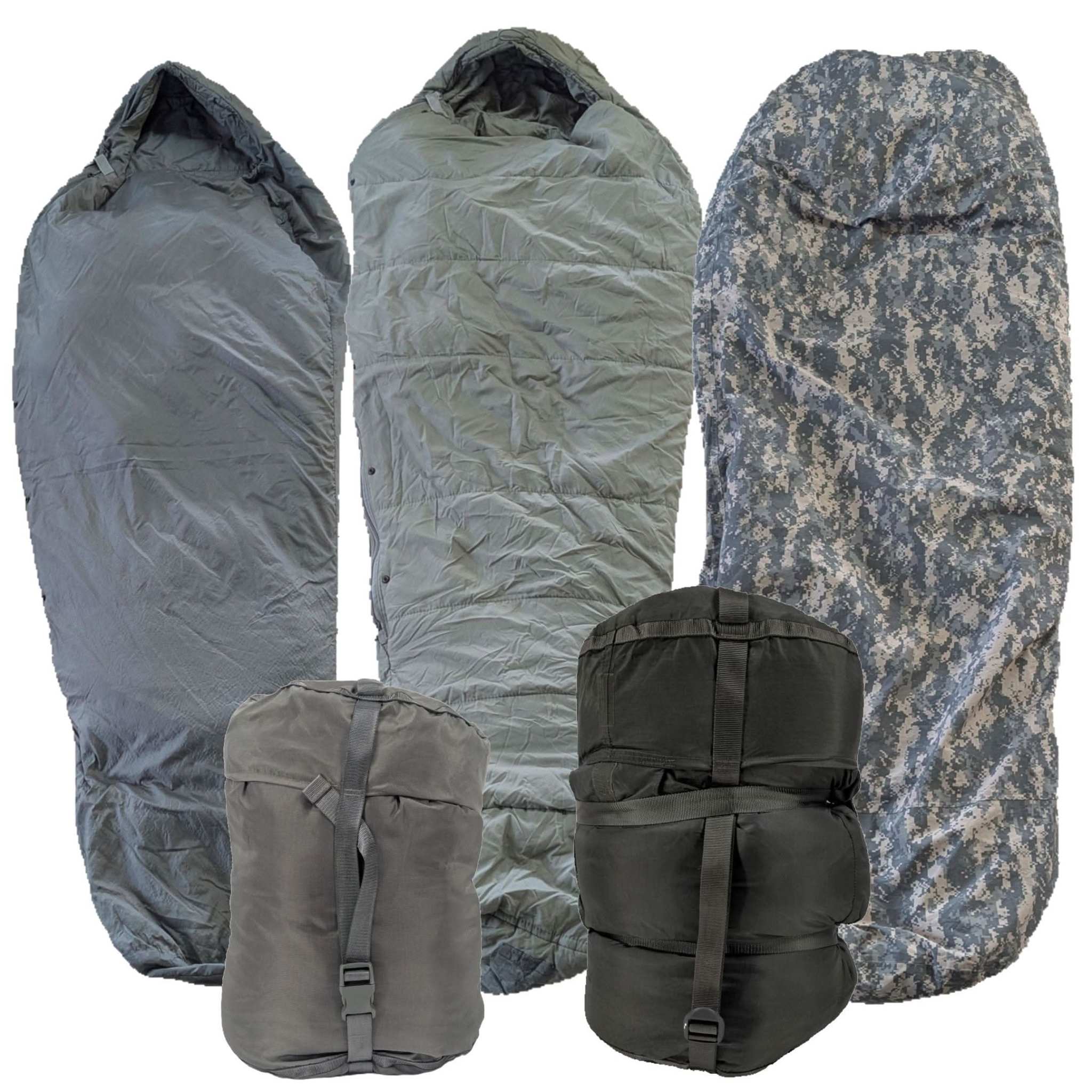 Complete U.S. Military Modular Sleep System in ACU camouflage with bivy cover, sleeping bags, and compression sacks