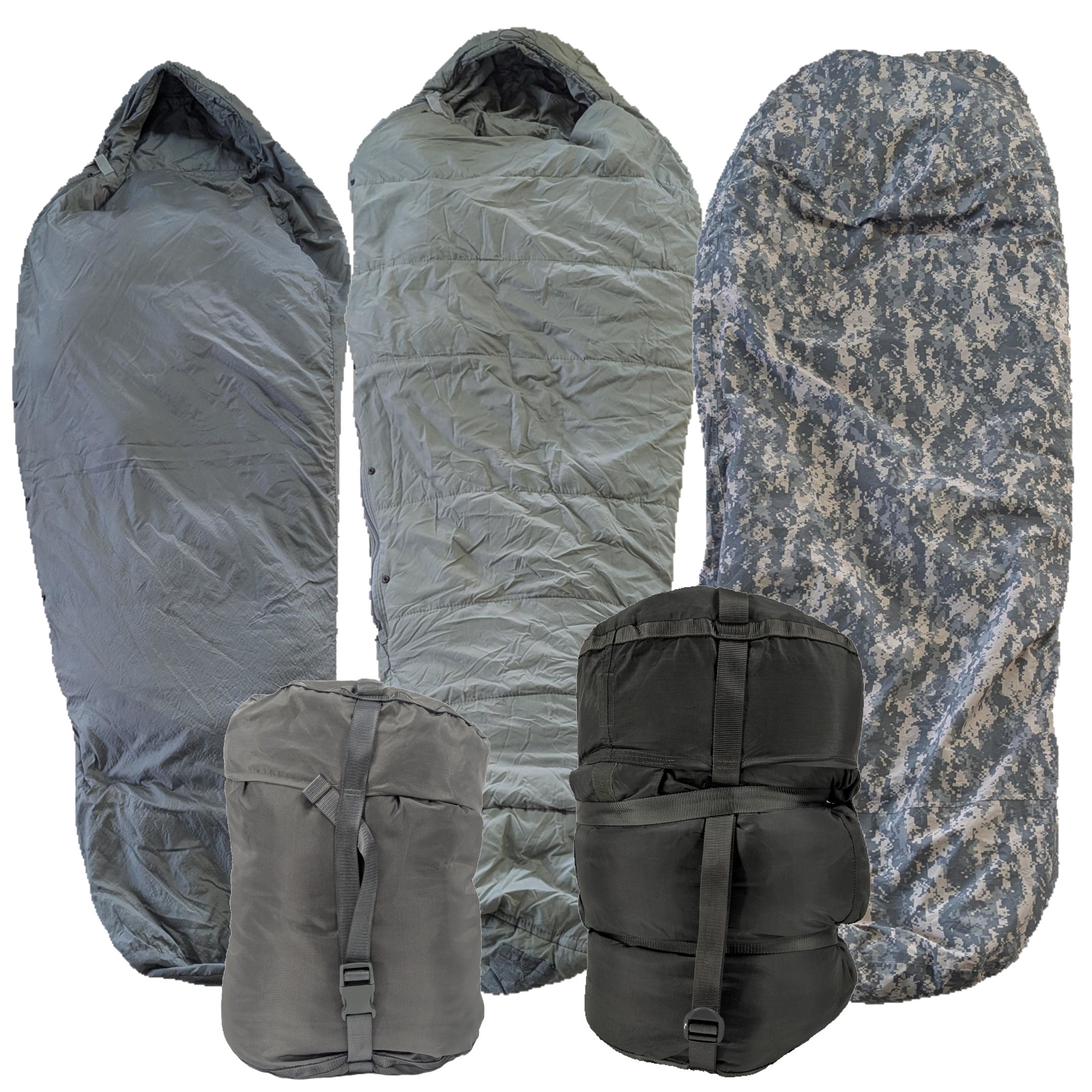 Military modular sleep system in ACU camo, multi-layer surplus sleeping bag setup for cold-weather survival